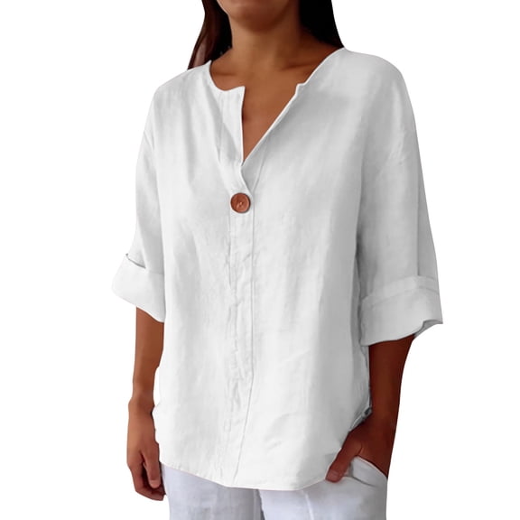 ManxiVoo All-Season Casual Blouse for Women with V-Neckline and Button Front Loose Fit Top M Size White