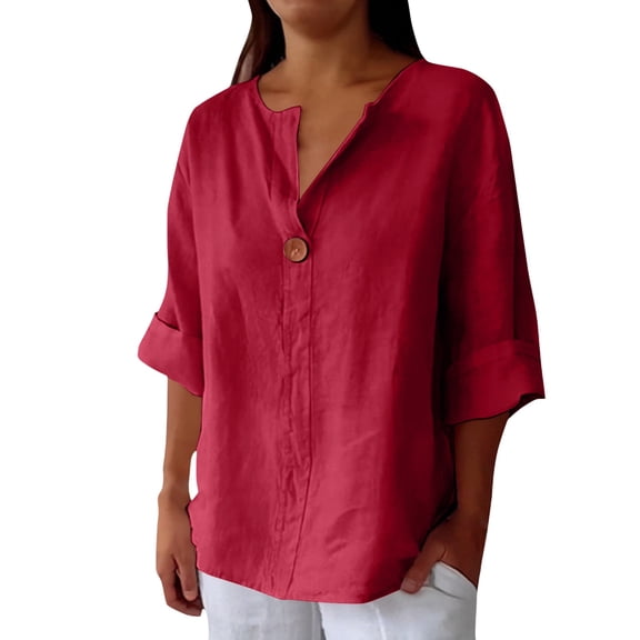 ManxiVoo All-Season Casual Blouse for Women with V-Neckline and Button Front Loose Fit Top XXXL Size Hot Pink