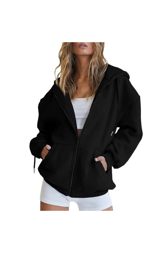 Black Hoodie Women's Fall Jacket Oversized Pocket Sweatshirt Casual Drawstring Clothing Zipper Track Jacket Solid Color Long Sleeve Hooded Top Oversized Hoodie Black XL