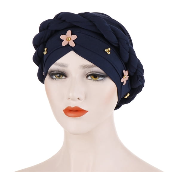 ManxiVoo Braided Headband with Flower Pearl Embellishment Muslim Bandana Hair Cover Navy