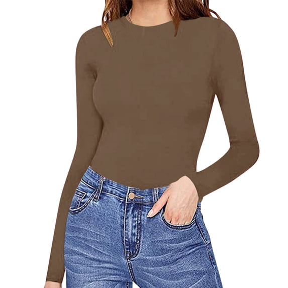 ManxiVoo Breathable Cotton Bodysuit with Crew Neck All Day Comfort Bodycon Tops for Women M Size Coffee