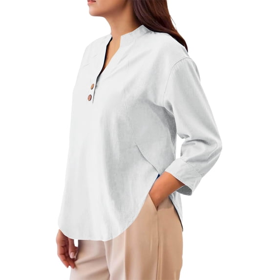 ManxiVoo Breathable Cotton Linen Shirt for Women Classic Button Down Blouse 3/4 Sleeve Top for Business Casual and Weekend Outfits S Size White
