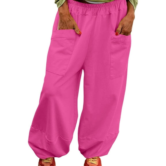 ManxiVoo Breathable High Stretch Waist Wide Leg Harem Pants for Women Casual Comfortable Baggy Style Lounge Wear Trousers M Size Hot Pink