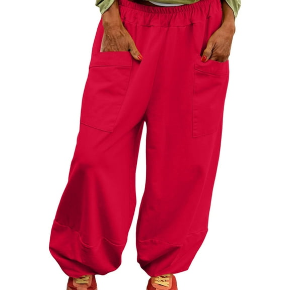 ManxiVoo Breathable High Stretch Waist Wide Leg Harem Pants for Women Casual Comfortable Baggy Style Lounge Wear Trousers S Size Red