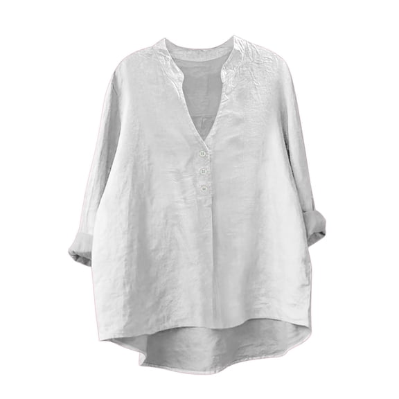 ManxiVoo Breathable Linen Blouse for Women Long Sleeve V Neck Shirt with Front Pockets Casual Chic Style M Size White
