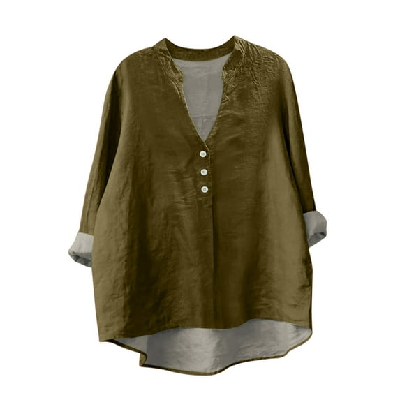 ManxiVoo Breathable Linen Blouse for Women Long Sleeve V Neck Shirt with Front Pockets Casual Chic Style XXL Size Bronze