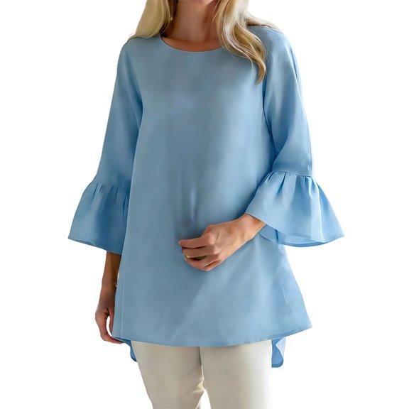 ManxiVoo Breathable Linen Cotton Blouse Women 3/4 Bell Sleeve V Neck Loose Fit Summer Casual Top Beach Resort Vacation Wear Relaxed Outfit S Size Light Blue