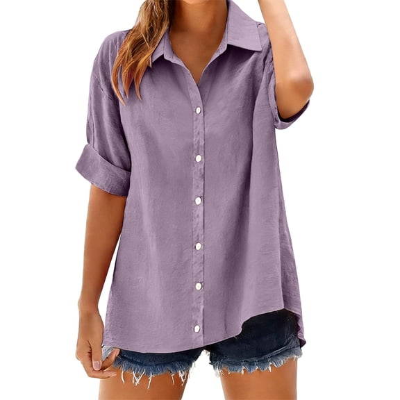 ManxiVoo Breathable Shirt for Women Loose Fit Button Down Casual Long Sleeve Collared Top Spring Summer Linen Blend S Size Purple
