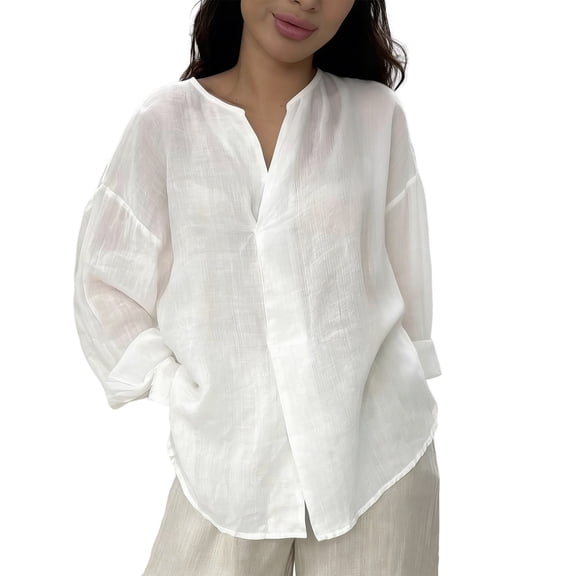 ManxiVoo Button Down V Neck Linen Blouse for Women Long Sleeve Relaxed Fit Casual Top Lightweight Versatile M Size White