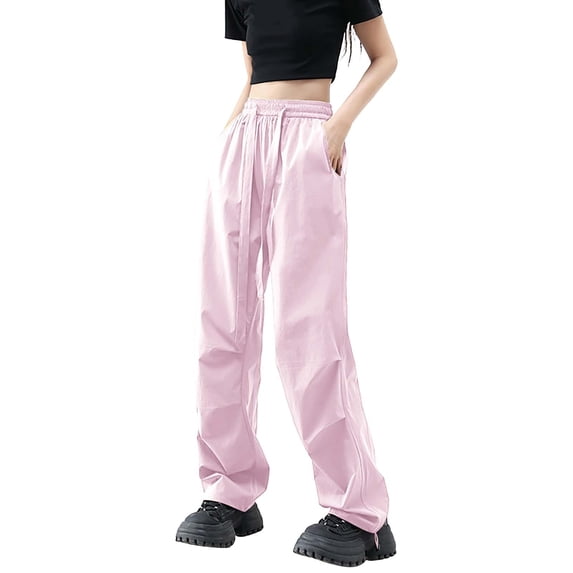 ManxiVoo Cargo Pants for Women, Women's Summer Thin High Waist Wide Leg Straight Tube Breathable Cargo Pants Dickies Work Pants Pink1 M