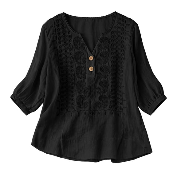ManxiVoo Casual Shirt in Airy Cotton Linen Featuring V Neck and Detailed Embroidery A Flowy Silhouette for Daily Wear XXL Size Black
