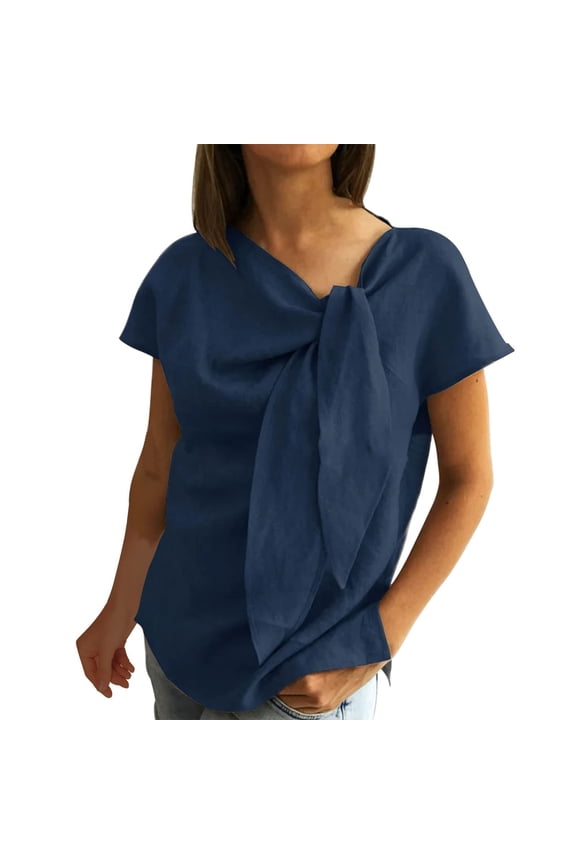 Chic Tie Neck Short Sleeve Blouse for Women Elegant Business Casual Work Tops L Size Navy