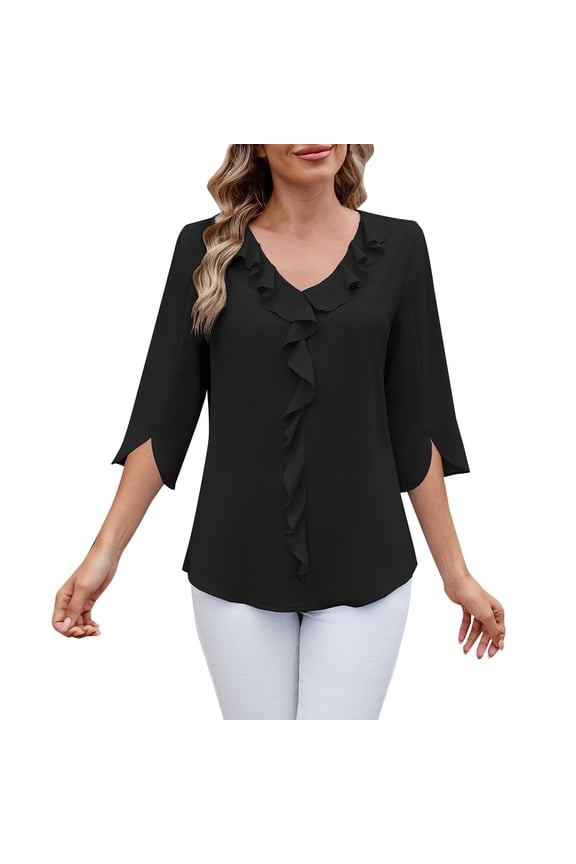 Chiffon Ruffle Top for Women Elegant Pleated Detail V Neck Mid Sleeve Blouse Flowy Silhouette Lightweight Fabric for Seasonless Wardrobe M Size Black