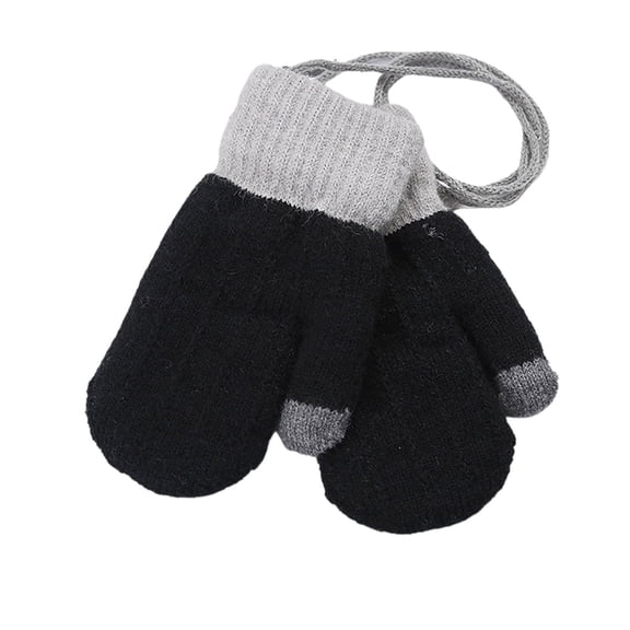 ManxiVoo Children Full Finger Winter Gloves with Double Layer Thick Warm Knitted Design and Furry Lining Includes Neck String for Cold Weather Protection Black