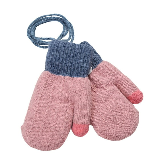 ManxiVoo Children Full Finger Winter Gloves with Double Layer Thick Warm Knitted Design and Furry Lining Includes Neck String for Cold Weather Protection Pink