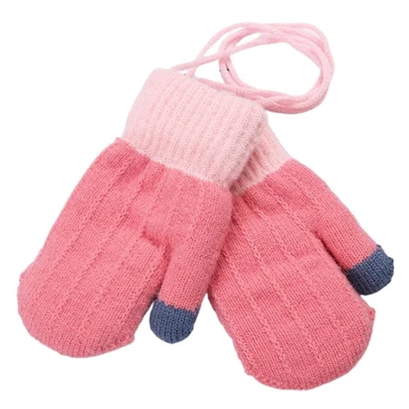 ManxiVoo Children Full Finger Winter Gloves with Double Layer Thick Warm Knitted Design and Furry Lining Includes Neck String for Cold Weather Protection Watermelon Red