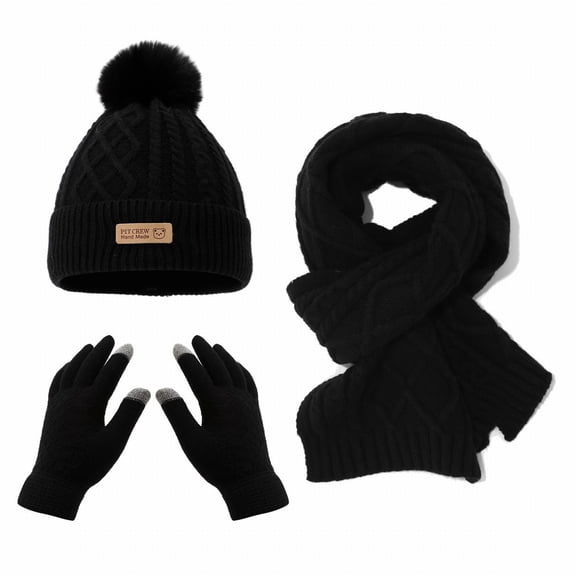 ManxiVoo Children's Thermal Hat Scarf Gloves Set Diamond Pattern Bear Design Cold Weather Combo Black