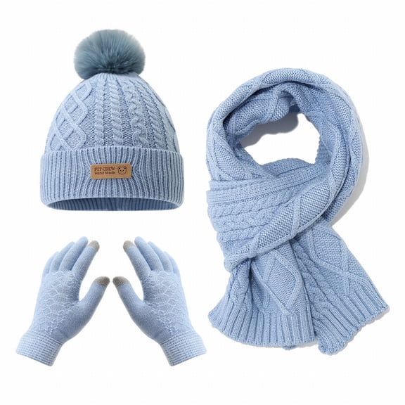 ManxiVoo Children's Thermal Hat Scarf Gloves Set Diamond Pattern Bear Design Cold Weather Combo Blue
