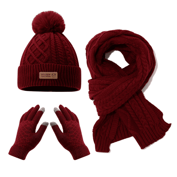 ManxiVoo Children's Thermal Hat Scarf Gloves Set Diamond Pattern Bear Design Cold Weather Combo Wine