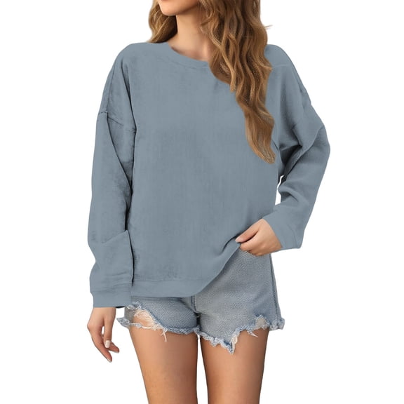 ManxiVoo Chunky Ribbed Texture Long Sleeve Pullover Sweatshirt for Women Oversized Comfortable Round Neck Top for Fall Fashion XL Size Sky Blue