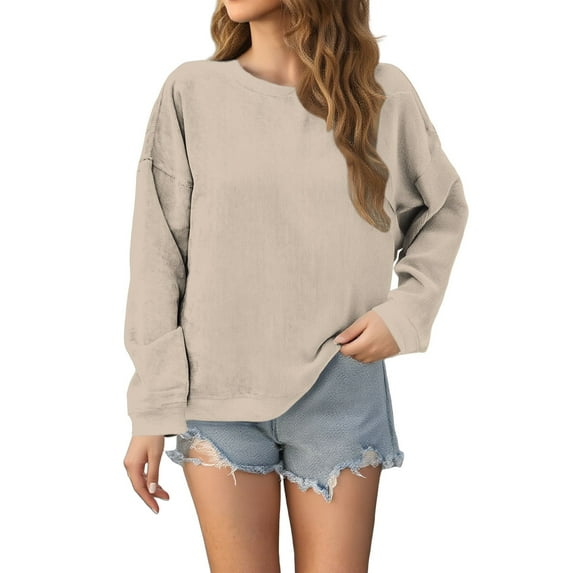 ManxiVoo Chunky Ribbed Texture Long Sleeve Pullover Sweatshirt for Women Oversized Comfortable Round Neck Top for Fall Fashion XXXXXL Size Khaki