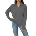 thumbnail image 1 of ManxiVoo Classic Notched Collar Long Sleeve T Shirt with Pocket Relaxed Loose Fit Casual Solid Color Top for Women Lightweight Fabric L Size Grey, 1 of 5