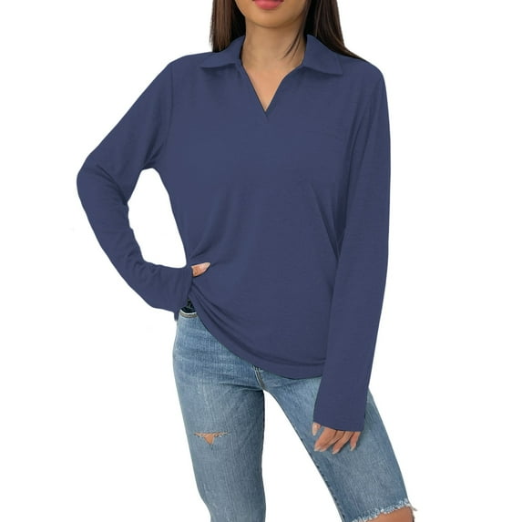 ManxiVoo Classic Notched Collar Long Sleeve T Shirt with Pocket Relaxed Loose Fit Casual Solid Color Top for Women Lightweight Fabric XL Size Navy