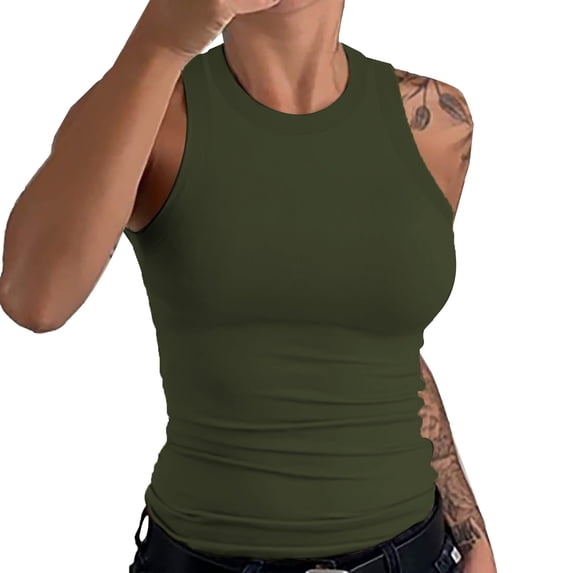 ManxiVoo Classic Ribbed Tank Top Women Sleeveless Racerback High Neck Summer Basic Staple Breathable Cotton Blouse For Casual And Layering XL Size Green