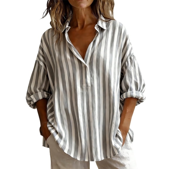 ManxiVoo Collared Striped Button Down Shirt for Women Long Sleeve Cotton Blouse Tailored Yet Relaxed Fit L Size Grey