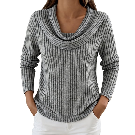 ManxiVoo Comfy Women's Knit Top Striped Long Sleeve Loose Fit Tunic with Roll Neck Casual Fall Winter Pullover S Size Grey