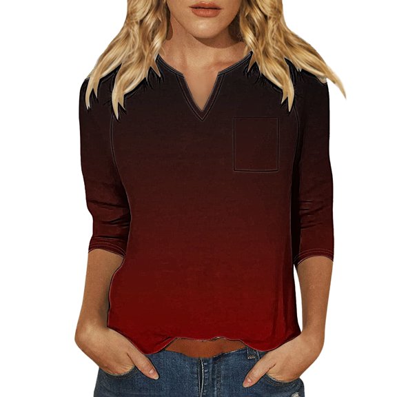 ManxiVoo Contemporary V Neck Blouse with Raglan 3/4 Sleeve and Front Pocket Versatile Cotton T-Shirt S Size Wine