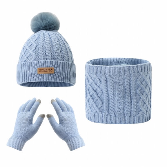 ManxiVoo Cozy Winter Hat Gloves Scarf Set for Girls and Boys Soft Lined Beanie with Pom Pom Mittens and Neck Warmer 3 Piece Cold Weather Accessories Blue
