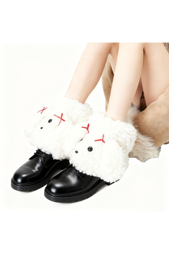 Cozy Winter Socks for Women Warm Lined Thermal Boot Socks Non-Slip Indoor Outdoor Soft Knit Puppy Dog Design Non Bulky White