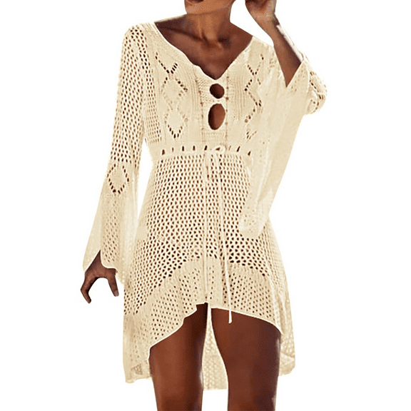 ManxiVoo Crochet Knit Beach Cover Up for Women Breezy Long Sleeve Sun Protection Swimsuit Layer Bell Sleeve Boho Chic Design Beige