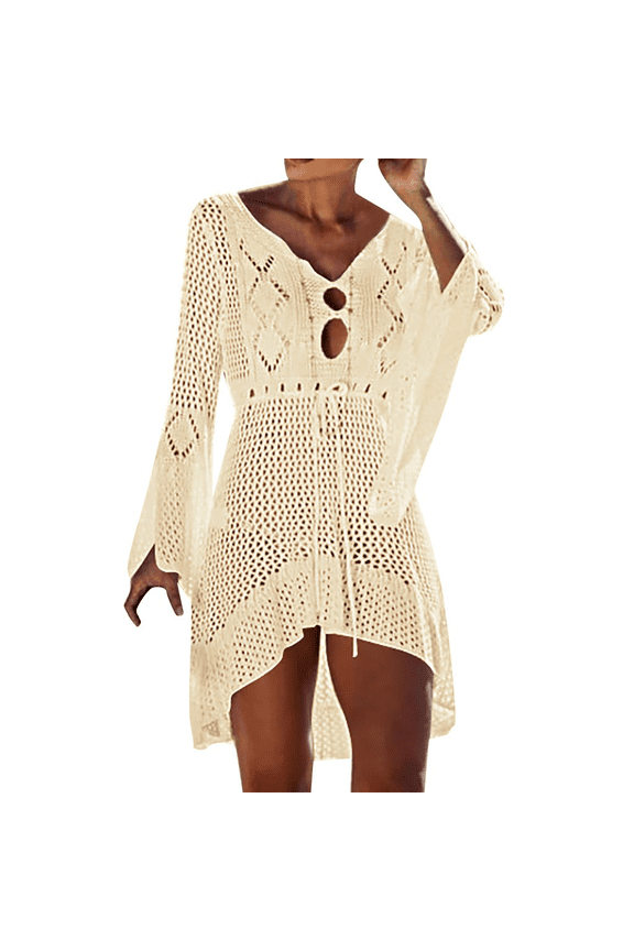 Crochet Knit Beach Cover Up for Women Breezy Long Sleeve Sun Protection Swimsuit Layer Bell Sleeve Boho Chic Design Beige