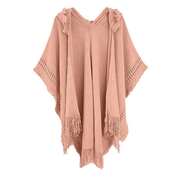 ManxiVoo Crochet Poncho for Women Hooded Cape with Fringe Knit Pattern Warm Boho Chic Lace Up Winter Cover Up Shawl Pink