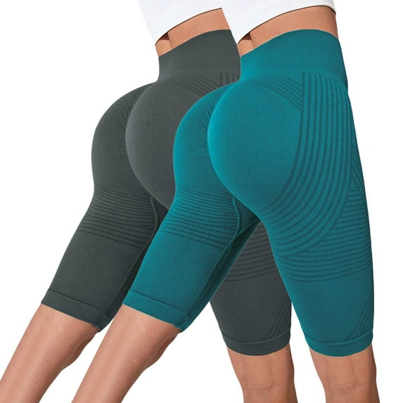 ManxiVoo Dual Pack Women High Waisted Textured Yoga Shorts Compression Fitness Pants for Booty Toning L Size Blackish Green