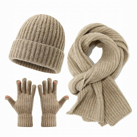 ManxiVoo Ear Protection Knit Set for Cold Weather Thermal Hat Scarf Gloves for Women and Men Winter Warm Lined Beanie with Ear Flaps and Touchscreen Mittens Khaki