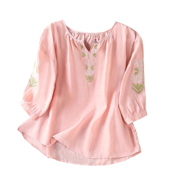 ManxiVoo Elegant Embroidered Linen Shirt for Women Quarter Sleeve Pleated Blouse Boho Style Loose Fit XXXL Size Pink