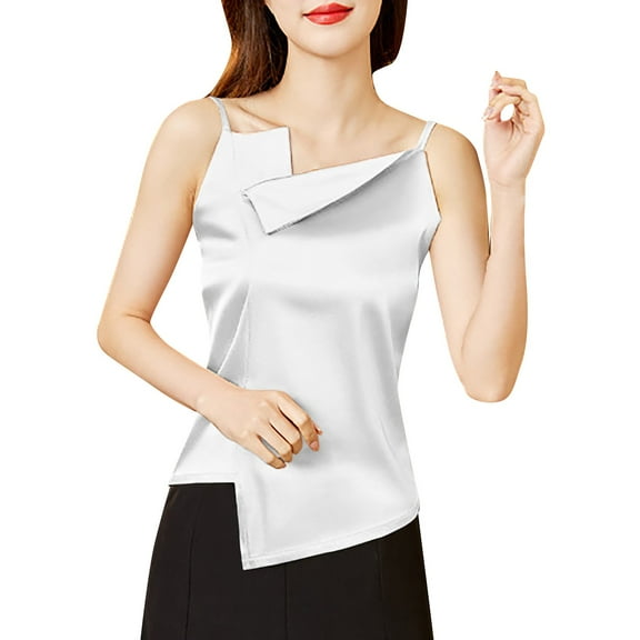ManxiVoo Elegant Satin Feel Sleeveless Camisole Top for Women with a Fashionable High Slip Neckline Perfect for Layering Underneath or Wearing Alone in Warm Weather L Size White