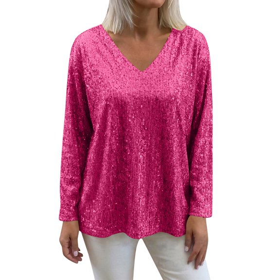 ManxiVoo Elegant Sequined Top for Ladies V Neck Loose Fit Long Sleeve Blouse for Evening Parties and Special Occasions S Size Hot Pink