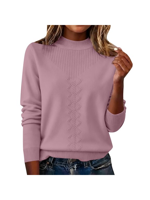Elegant Stand Collar Knit Sweater For Women Semi High Neck Lightweight Pullover Long Sleeve Soft Layering Staple XL Size Light Pink
