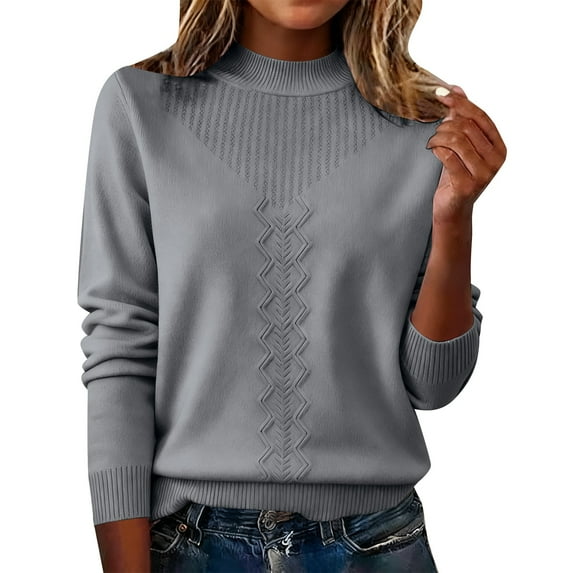 ManxiVoo Elegant Stand Collar Knit Sweater For Women Semi High Neck Lightweight Pullover Long Sleeve Soft Layering Staple XXXL Size Grey