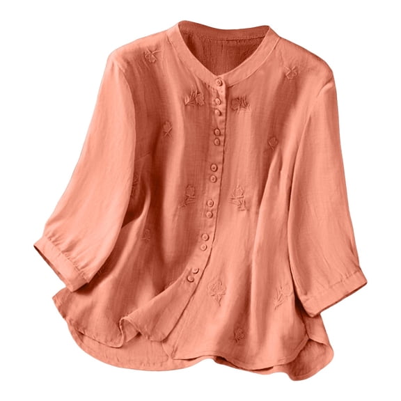 ManxiVoo Embroidered 3/4 Sleeve Blouse for Women Boho Chic V Neck Top with Artistic Detail for Seasonal Style L Size Orange