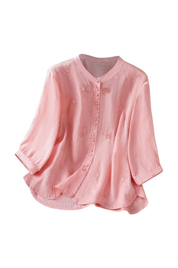 Embroidered 3/4 Sleeve Blouse for Women Boho Chic V Neck Top with Artistic Detail for Seasonal Style L Size Pink