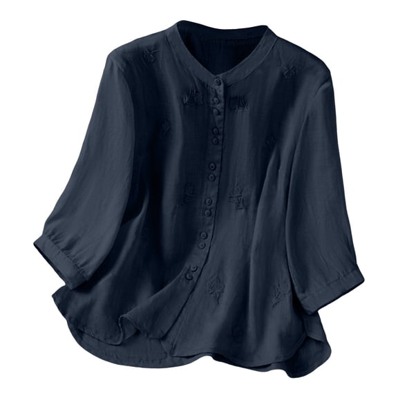 ManxiVoo Embroidered 3/4 Sleeve Blouse for Women Boho Chic V Neck Top with Artistic Detail for Seasonal Style M Size Navy