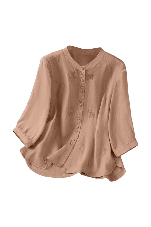 Embroidered 3/4 Sleeve Blouse for Women Boho Chic V Neck Top with Artistic Detail for Seasonal Style XL Size Rose Gold