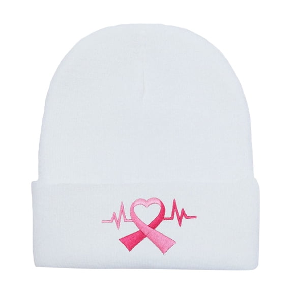 ManxiVoo Embroidered Awareness Ribbon Long Beanie Soft Knit Headwear for Women Stretch Fit Cold Weather Head Cover White