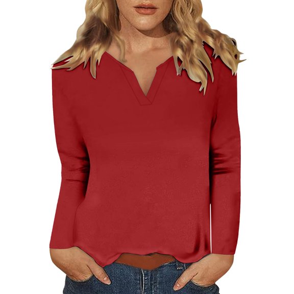 ManxiVoo Essential Loose Fit Long Sleeve Top for Women Soft V Neck Casual Shirt for Spring and Fall S Size Red