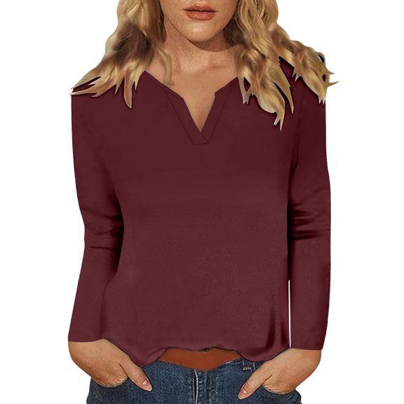 ManxiVoo Essential Loose Fit Long Sleeve Top for Women Soft V Neck Casual Shirt for Spring and Fall S Size Wine